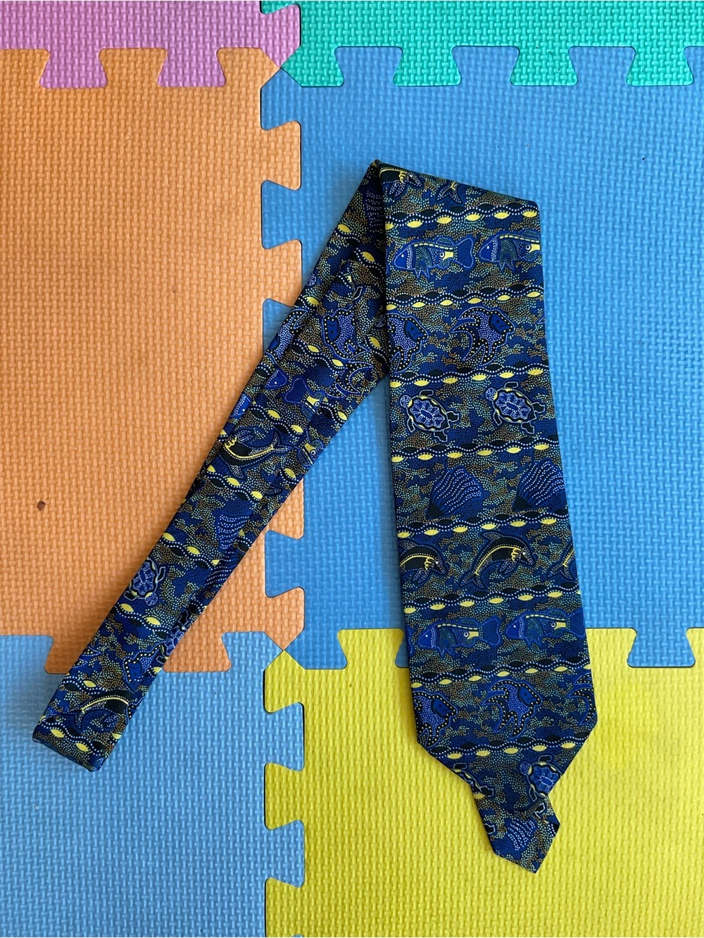 Baribunma Indigenous Australian Art Tie Blue Dot Painted Turtle Dolphin Silk